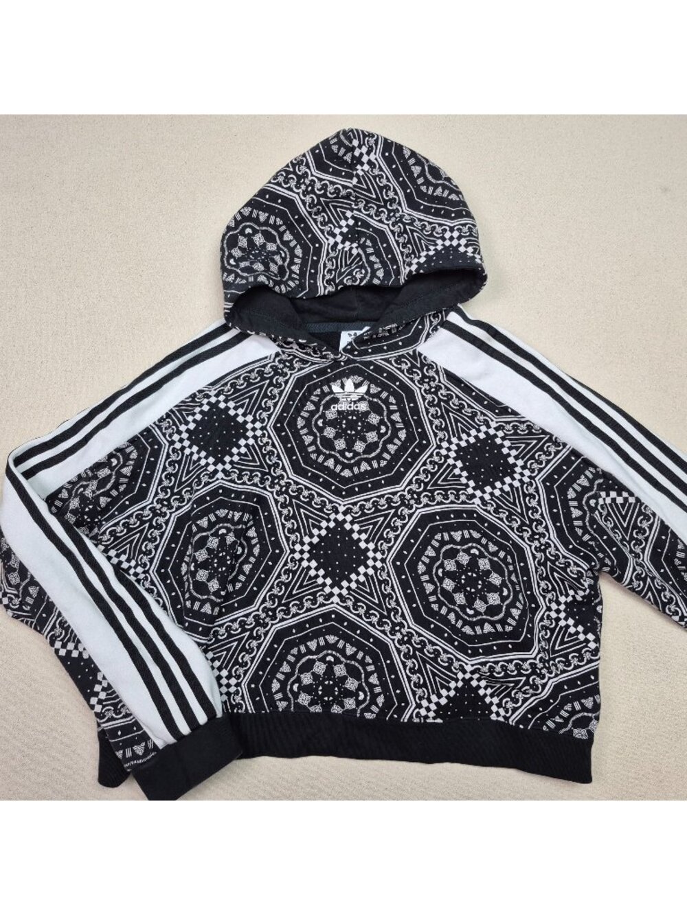 Adidas Originals Kaleidoscope Print Women's Cropped Bandana Hoodie Blk/Wht Sz L - Picture 1 of 8